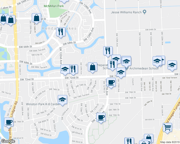 map of restaurants, bars, coffee shops, grocery stores, and more near 12819 Southwest 71st Lane in Miami