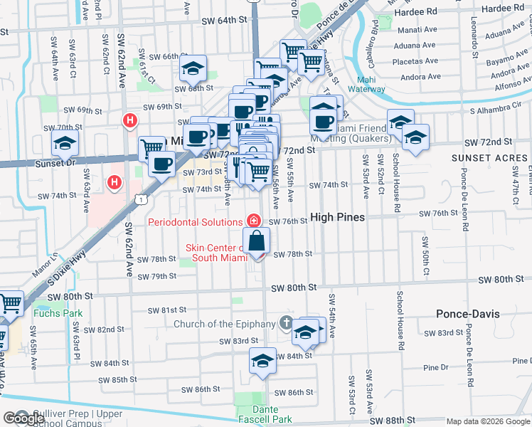 map of restaurants, bars, coffee shops, grocery stores, and more near 7581 Southwest 56th Avenue in Miami
