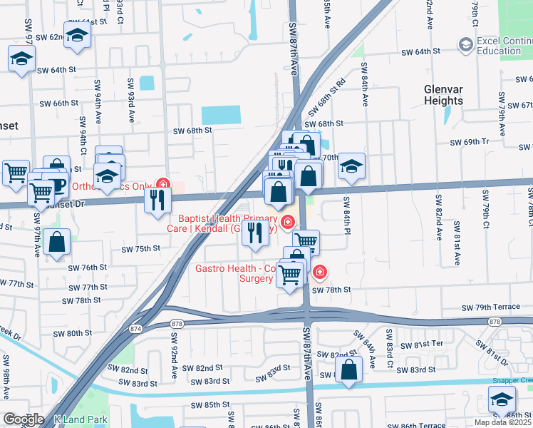 map of restaurants, bars, coffee shops, grocery stores, and more near 8818 Southwest 72nd Street in Miami