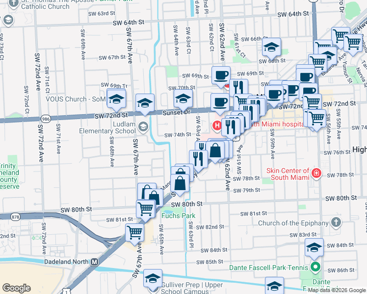 map of restaurants, bars, coffee shops, grocery stores, and more near 7511 Southwest 63rd Court in South Miami