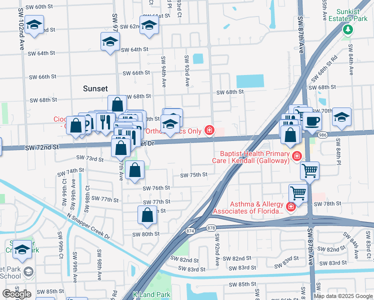 map of restaurants, bars, coffee shops, grocery stores, and more near 7220 Southwest 93rd Avenue in Miami