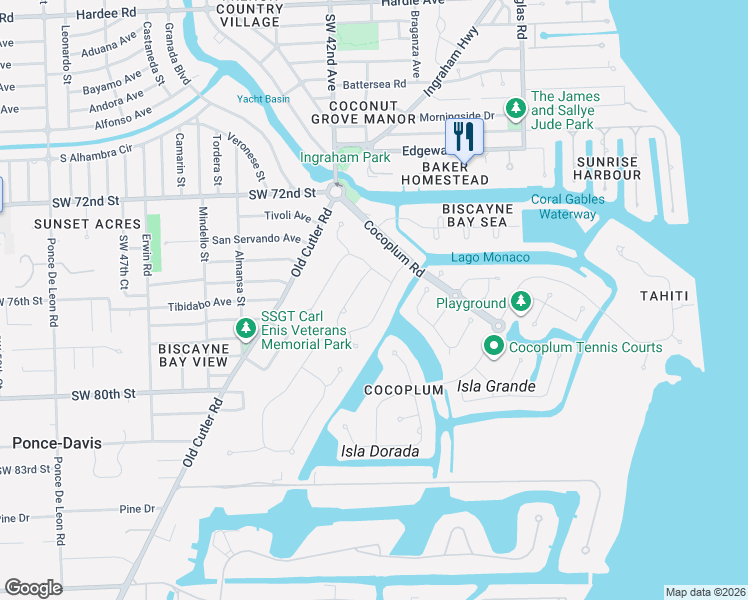 map of restaurants, bars, coffee shops, grocery stores, and more near 7300 Los Pinos Boulevard in Coral Gables