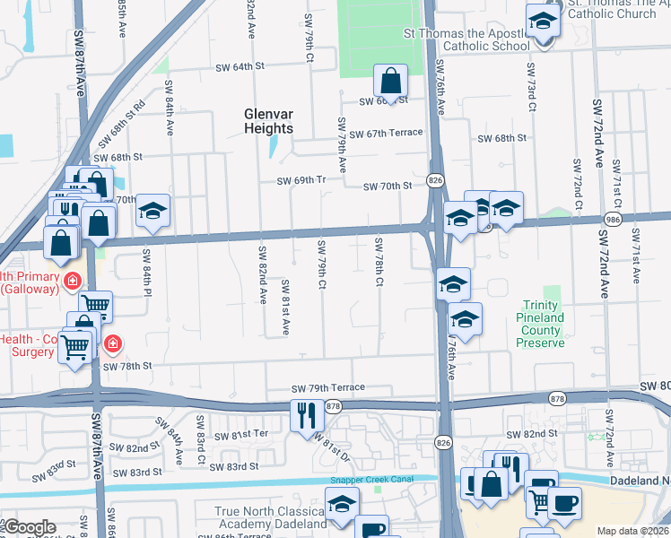 map of restaurants, bars, coffee shops, grocery stores, and more near 7393 Southwest 79th Court in Miami