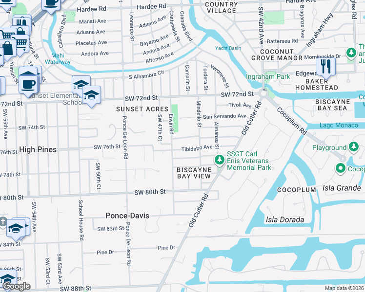 map of restaurants, bars, coffee shops, grocery stores, and more near 741 Tibidabo Avenue in Coral Gables