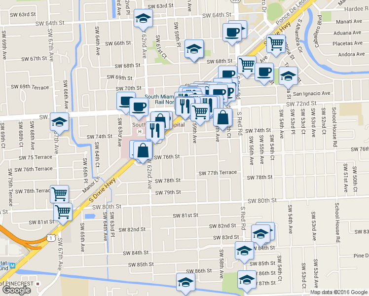 map of restaurants, bars, coffee shops, grocery stores, and more near 5961 Southwest 76th Street in South Miami