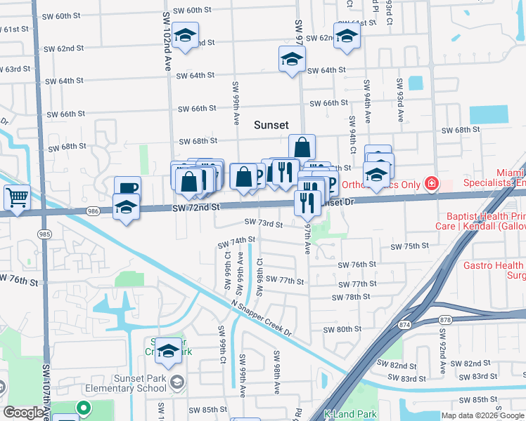 map of restaurants, bars, coffee shops, grocery stores, and more near 9865 Southwest 73rd Street in Miami