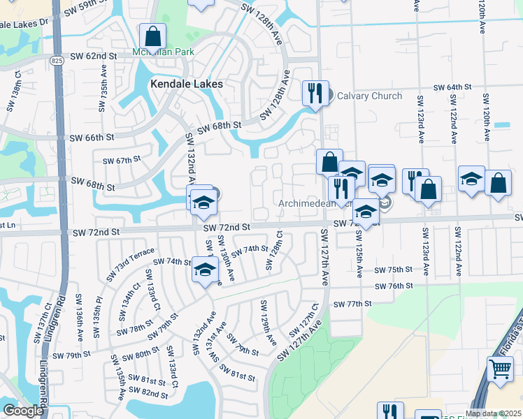 map of restaurants, bars, coffee shops, grocery stores, and more near 7121 Southwest 129th Avenue in Miami