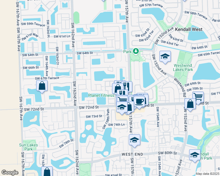 map of restaurants, bars, coffee shops, grocery stores, and more near 15849 SW 69th Ln in Miami