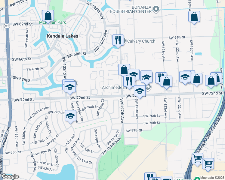 map of restaurants, bars, coffee shops, grocery stores, and more near 12748 Southwest 70th Lane in Miami