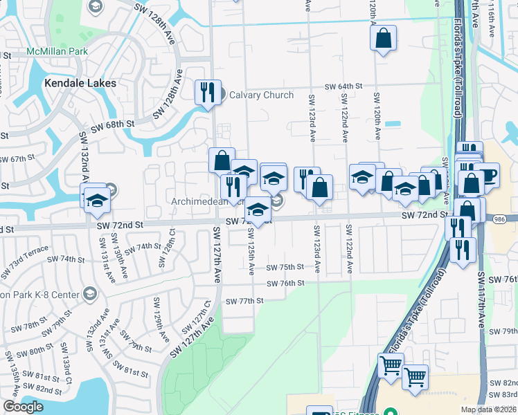 map of restaurants, bars, coffee shops, grocery stores, and more near 7135 Southwest 125th Avenue in Miami