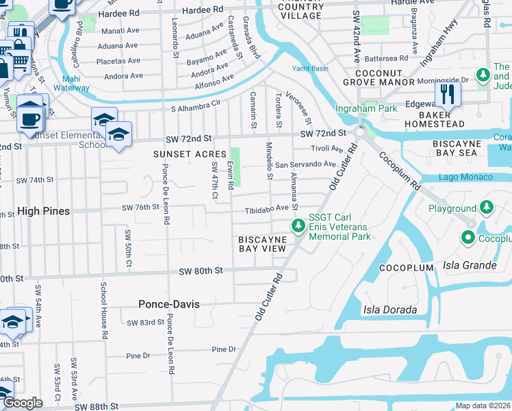 map of restaurants, bars, coffee shops, grocery stores, and more near 741 Tibidabo Avenue in Coral Gables