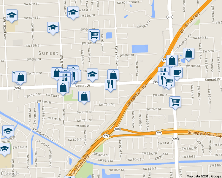 map of restaurants, bars, coffee shops, grocery stores, and more near 9240 Sunset Drive in Miami
