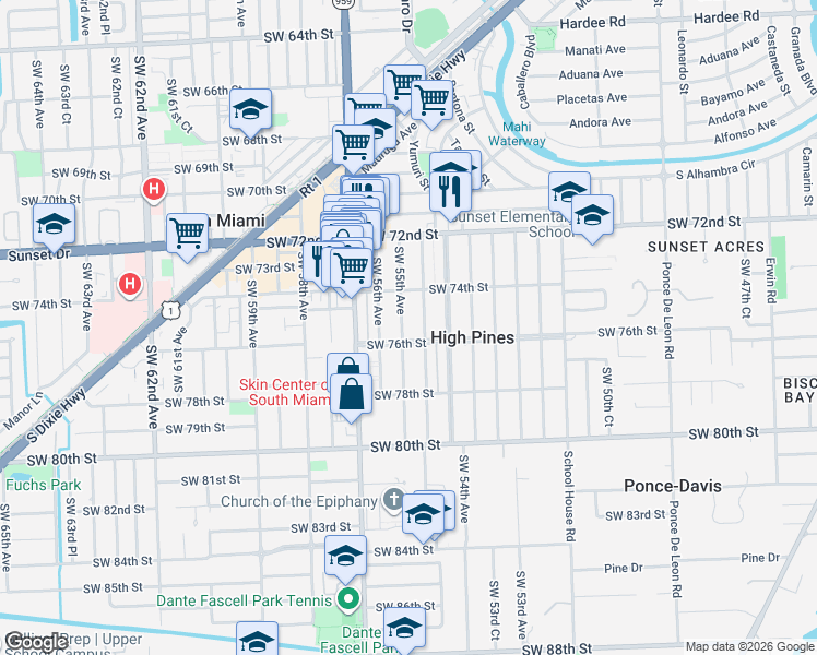 map of restaurants, bars, coffee shops, grocery stores, and more near 7545 Southwest 55th Avenue in Coral Gables