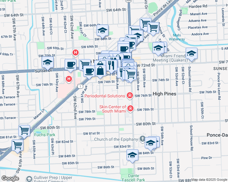 map of restaurants, bars, coffee shops, grocery stores, and more near 7532 Southwest 58th Avenue in South Miami