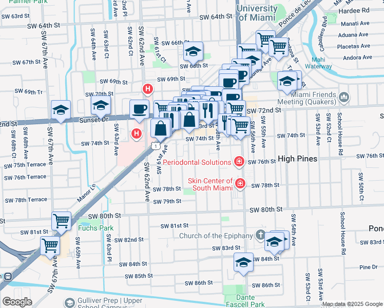 map of restaurants, bars, coffee shops, grocery stores, and more near 7541 Southwest 59th Avenue in South Miami
