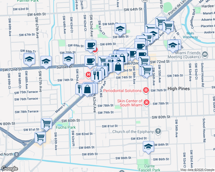 map of restaurants, bars, coffee shops, grocery stores, and more near 7515 Southwest 61st Avenue in South Miami