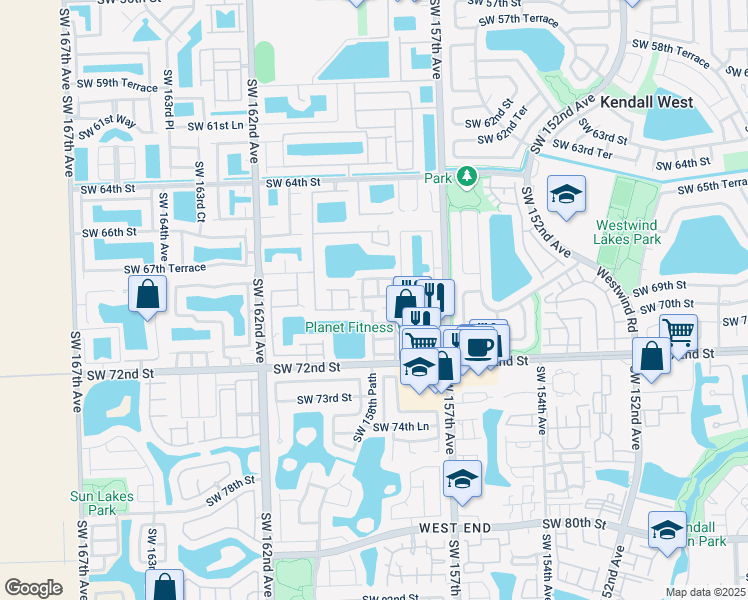 map of restaurants, bars, coffee shops, grocery stores, and more near 15849 Southwest 69th Lane in Miami