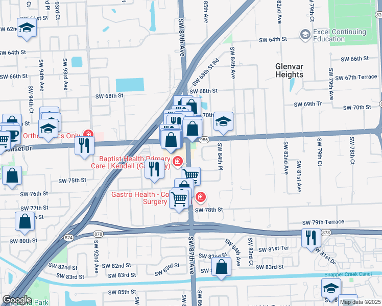 map of restaurants, bars, coffee shops, grocery stores, and more near 7355 Southwest 87th Avenue in Miami
