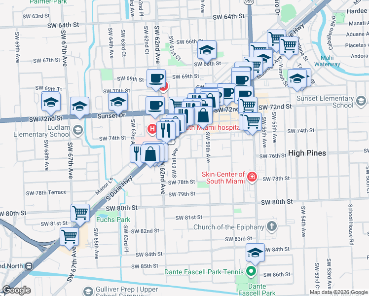 map of restaurants, bars, coffee shops, grocery stores, and more near 7515 Southwest 61st Avenue in South Miami