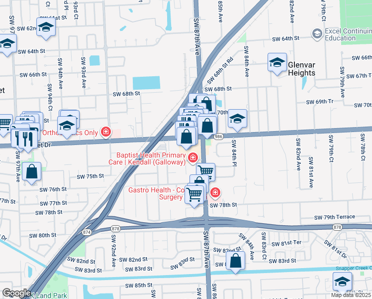 map of restaurants, bars, coffee shops, grocery stores, and more near 8736 Southwest 72nd Street in Miami