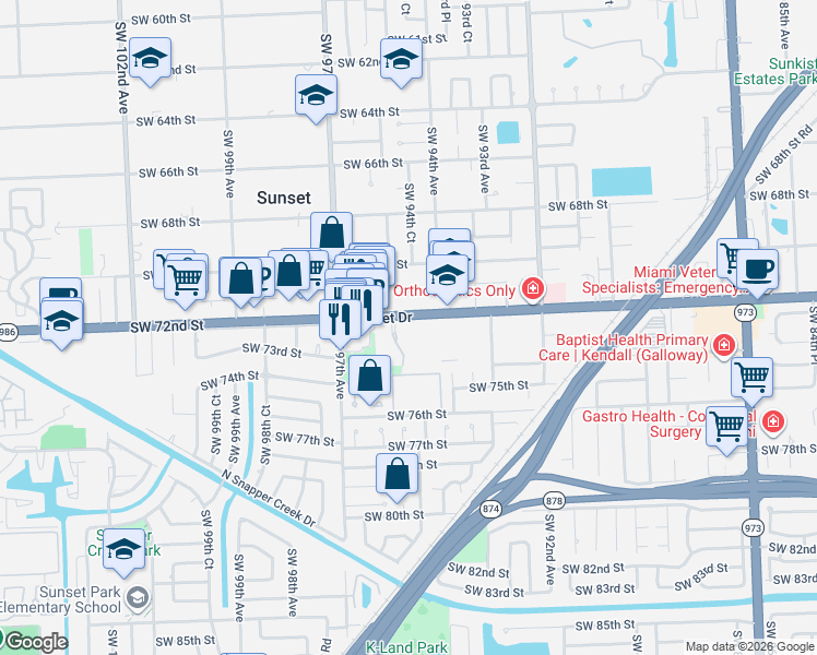 map of restaurants, bars, coffee shops, grocery stores, and more near 7215 Southwest 94th Place in Miami