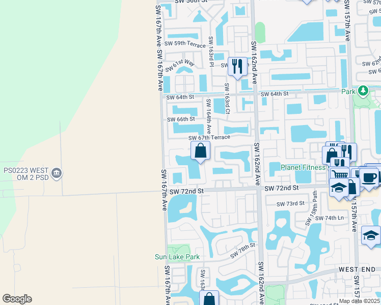 map of restaurants, bars, coffee shops, grocery stores, and more near 16550 Southwest 68th Terrace in Miami