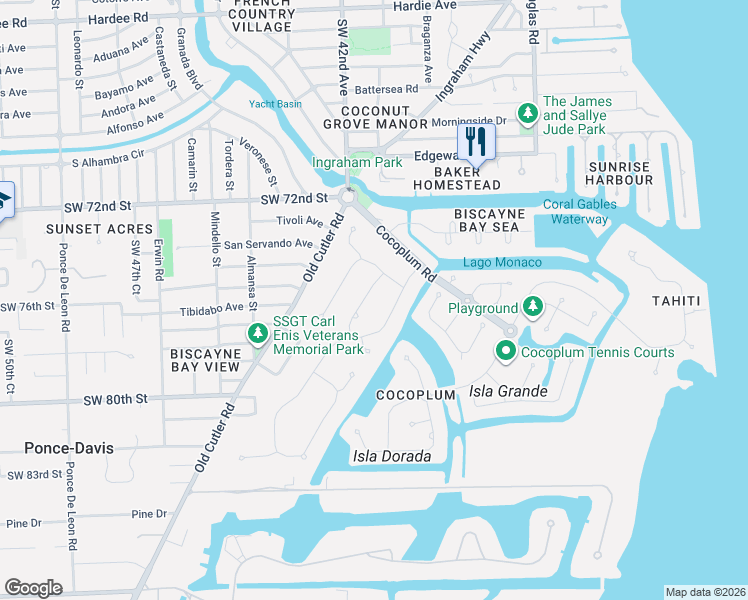 map of restaurants, bars, coffee shops, grocery stores, and more near 7300 Los Pinos Boulevard in Coral Gables