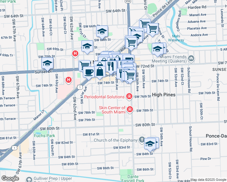 map of restaurants, bars, coffee shops, grocery stores, and more near 7532 Southwest 58th Avenue in South Miami