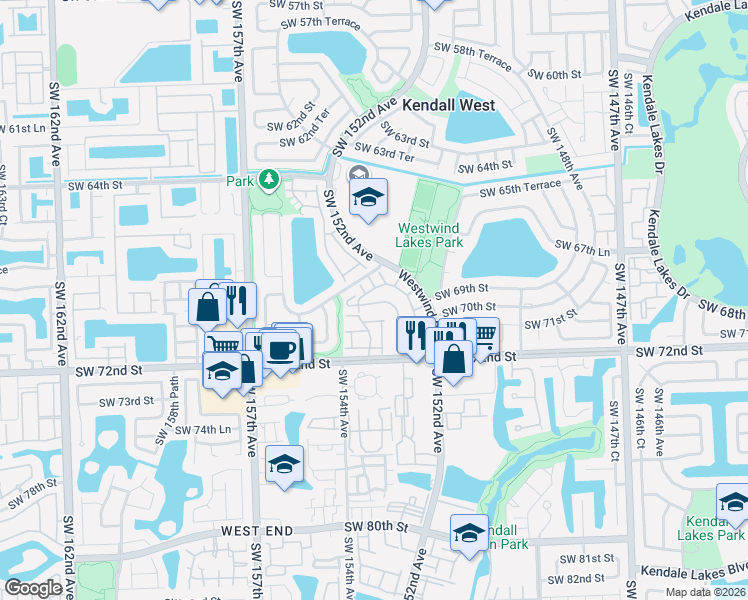 map of restaurants, bars, coffee shops, grocery stores, and more near 15386 Southwest 69th Lane in Miami