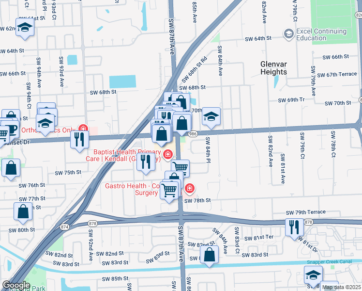 map of restaurants, bars, coffee shops, grocery stores, and more near 7355 Southwest 87th Avenue in Miami