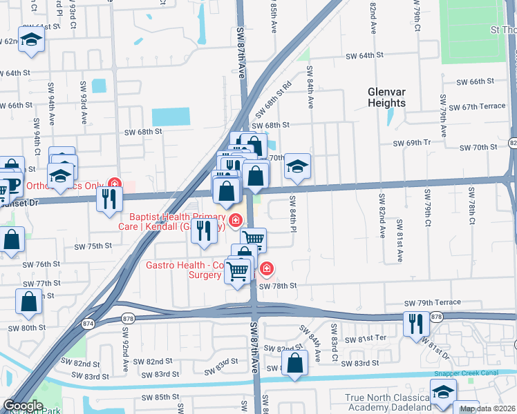 map of restaurants, bars, coffee shops, grocery stores, and more near 7355 Southwest 87th Avenue in Miami