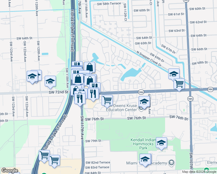 map of restaurants, bars, coffee shops, grocery stores, and more near 7133 Southwest 115th Place in Miami