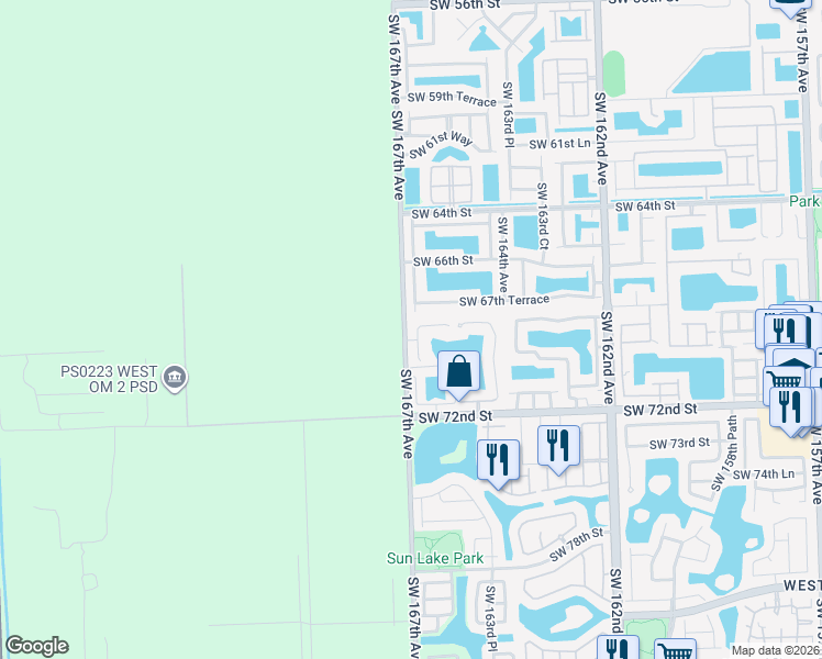 map of restaurants, bars, coffee shops, grocery stores, and more near 6904 Southwest 166th Court in Miami