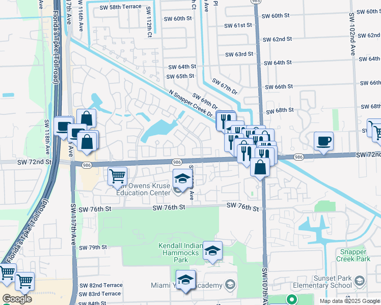 map of restaurants, bars, coffee shops, grocery stores, and more near 11164 Southwest 71st Lane in Miami