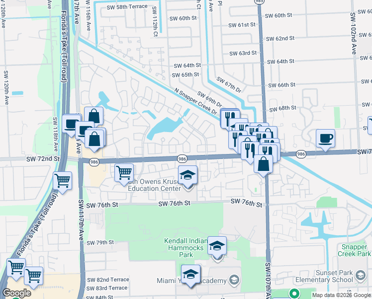map of restaurants, bars, coffee shops, grocery stores, and more near 11164 Southwest 71st Lane in Miami
