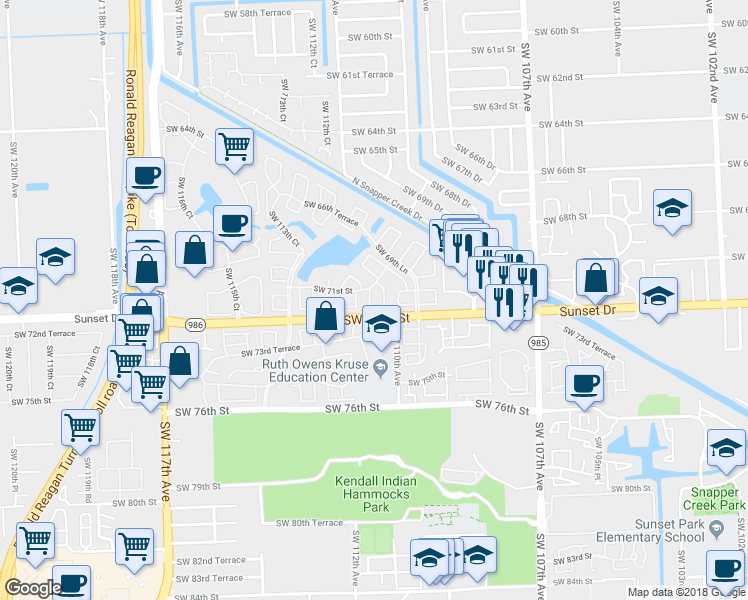 map of restaurants, bars, coffee shops, grocery stores, and more near 11164 Southwest 71st Lane in Miami