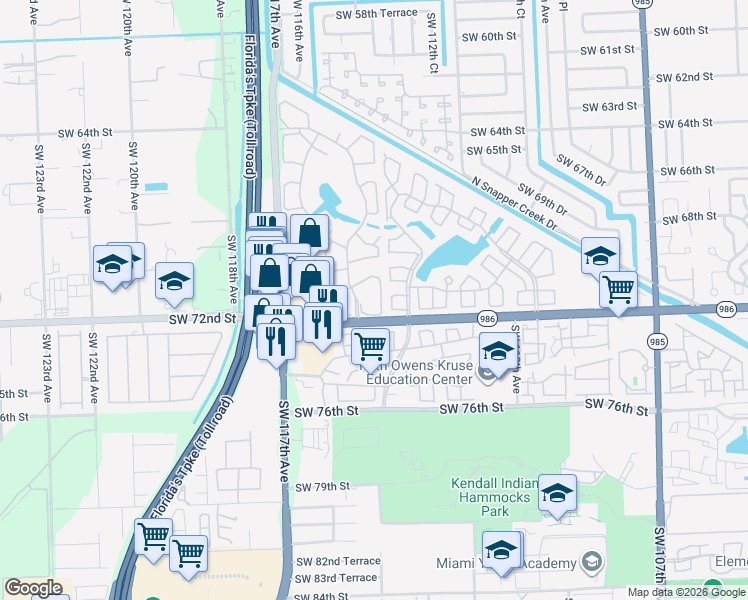 map of restaurants, bars, coffee shops, grocery stores, and more near 7133 Southwest 115th Place in Miami