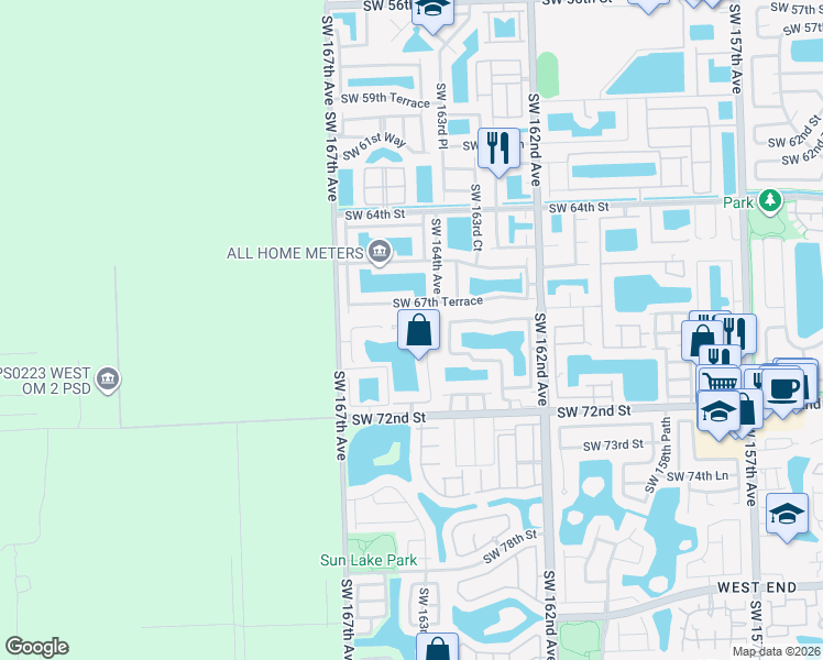 map of restaurants, bars, coffee shops, grocery stores, and more near 16550 Southwest 68th Terrace in Miami