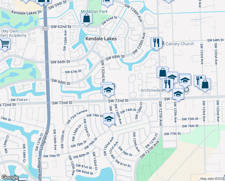 map of restaurants, bars, coffee shops, grocery stores, and more near 13125 Southwest 72nd Street in Miami