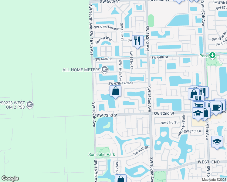 map of restaurants, bars, coffee shops, grocery stores, and more near 16550 Southwest 68th Terrace in Miami