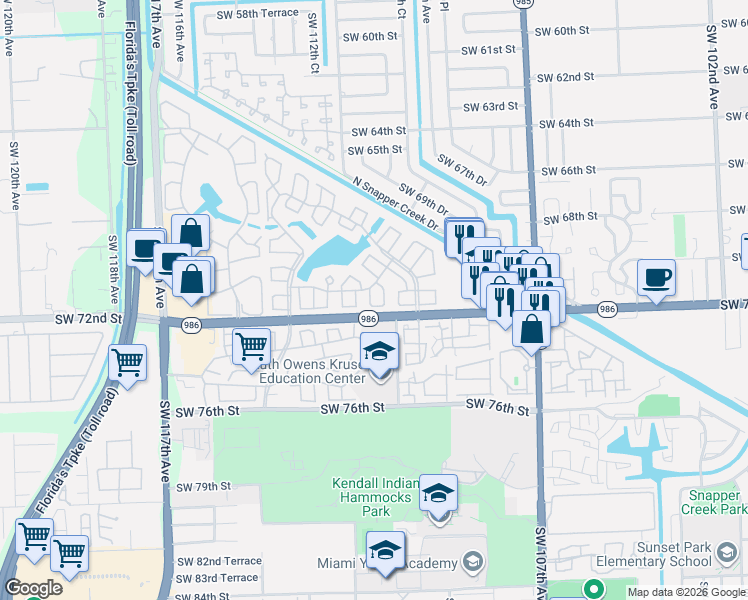 map of restaurants, bars, coffee shops, grocery stores, and more near 11164 Southwest 71st Lane in Miami