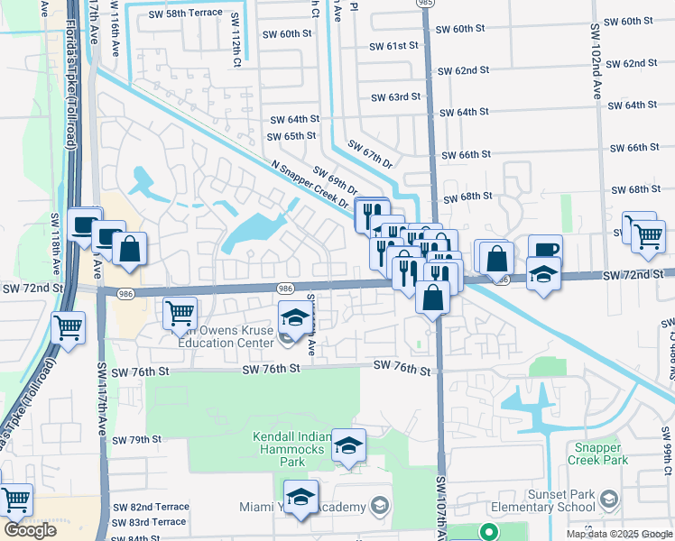map of restaurants, bars, coffee shops, grocery stores, and more near in Kendall