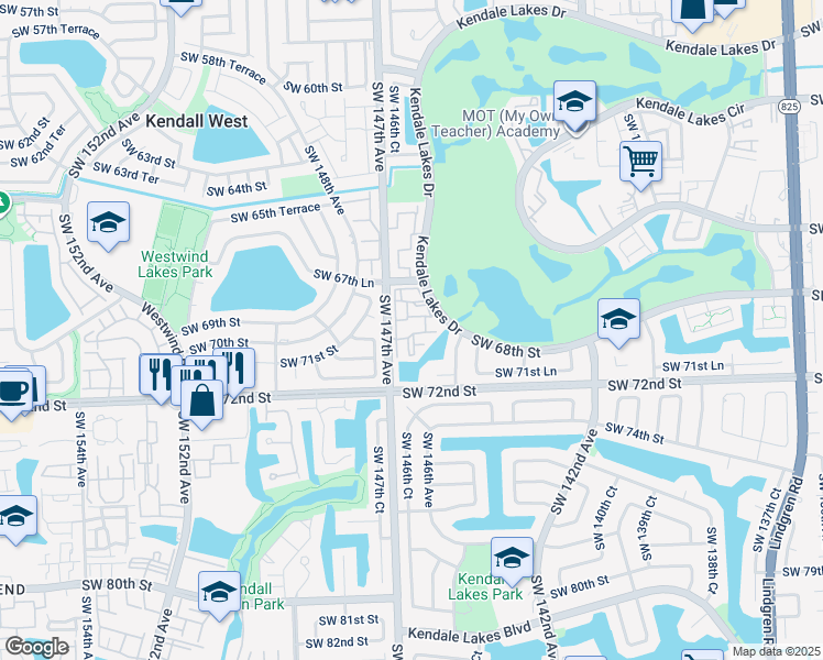 map of restaurants, bars, coffee shops, grocery stores, and more near 6907 Southwest 147th Avenue in Miami