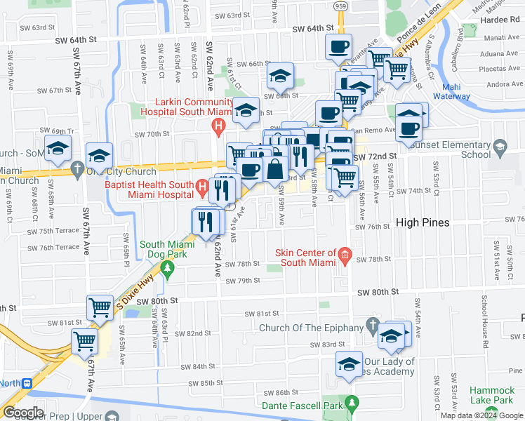 map of restaurants, bars, coffee shops, grocery stores, and more near 5965 Southwest 76th Street in South Miami