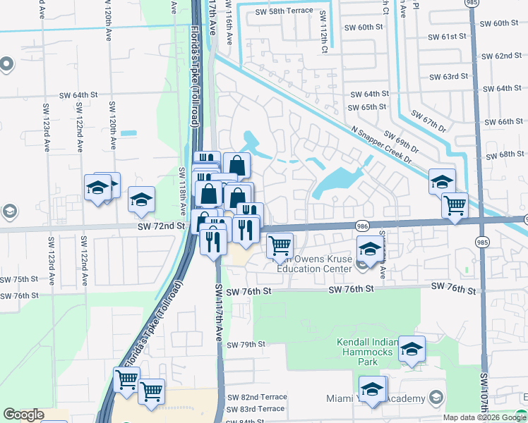 map of restaurants, bars, coffee shops, grocery stores, and more near 7133 Southwest 115th Place in Miami