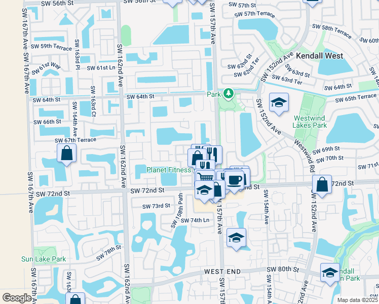 map of restaurants, bars, coffee shops, grocery stores, and more near 15849 Southwest 69th Lane in Miami