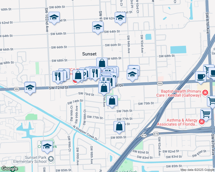 map of restaurants, bars, coffee shops, grocery stores, and more near 9644 Southwest 72nd Street in Miami