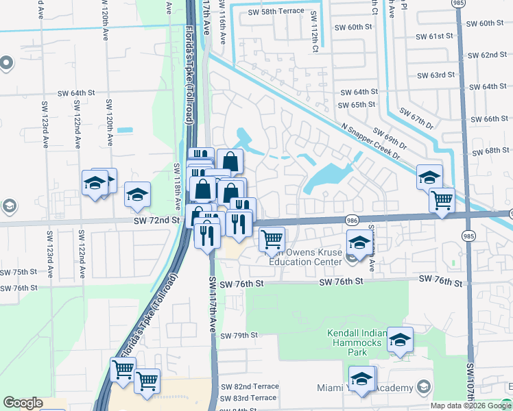 map of restaurants, bars, coffee shops, grocery stores, and more near 7133 Southwest 115th Place in Miami