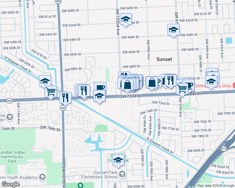 map of restaurants, bars, coffee shops, grocery stores, and more near 7201 Southwest 102nd Avenue in Miami