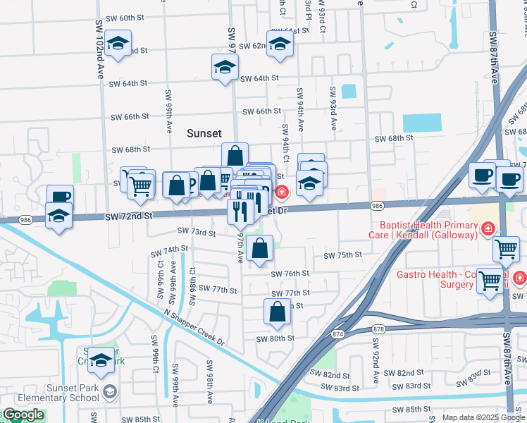 map of restaurants, bars, coffee shops, grocery stores, and more near 9600 Sunset Drive in Miami